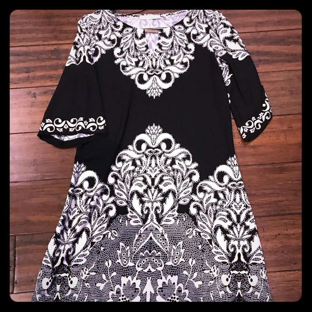 Maria Gabrielle Damask Print Shift Dress Paisley Floral Pattern Black White M